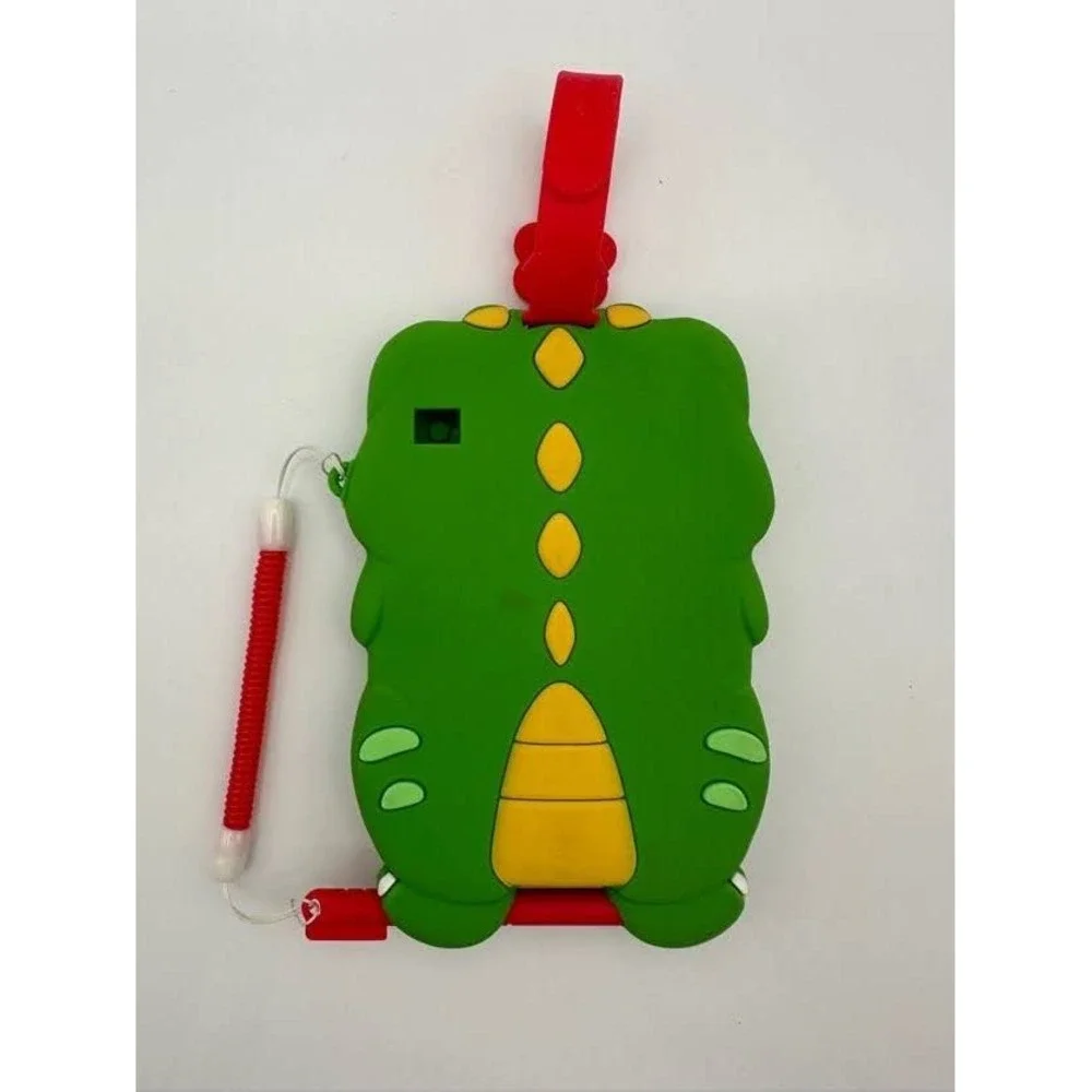 Green Dinosaur Silicone Luggage Tag with Red Stylus Pen and Paw Print Strap